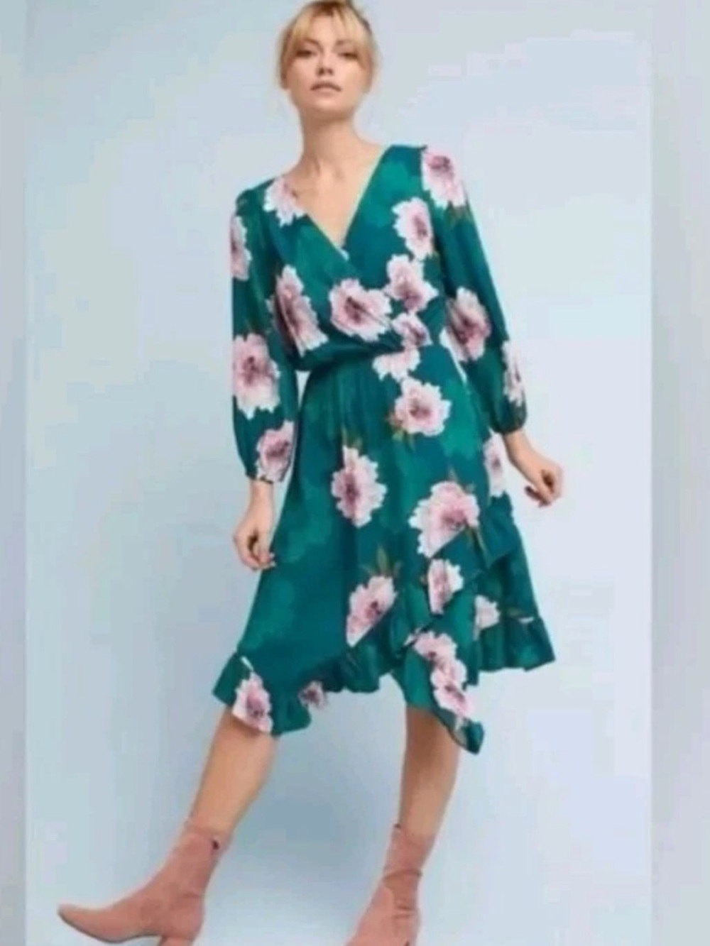 Tracy Reese Aleah Teal Midi Wrap Dress with Pink Floral Print